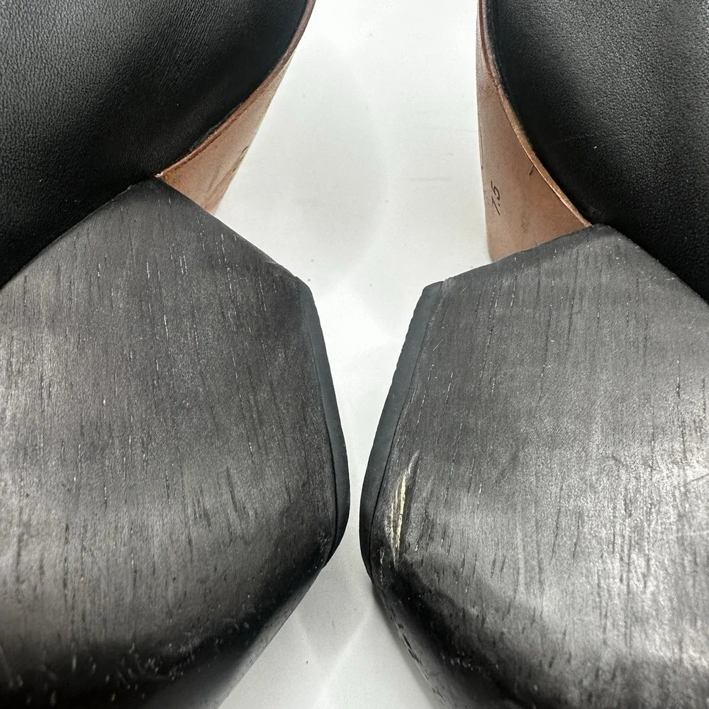 Rachel Comey Barbaro Booties Carved Wooden Heel Black Leather Buckle Strap 7.5